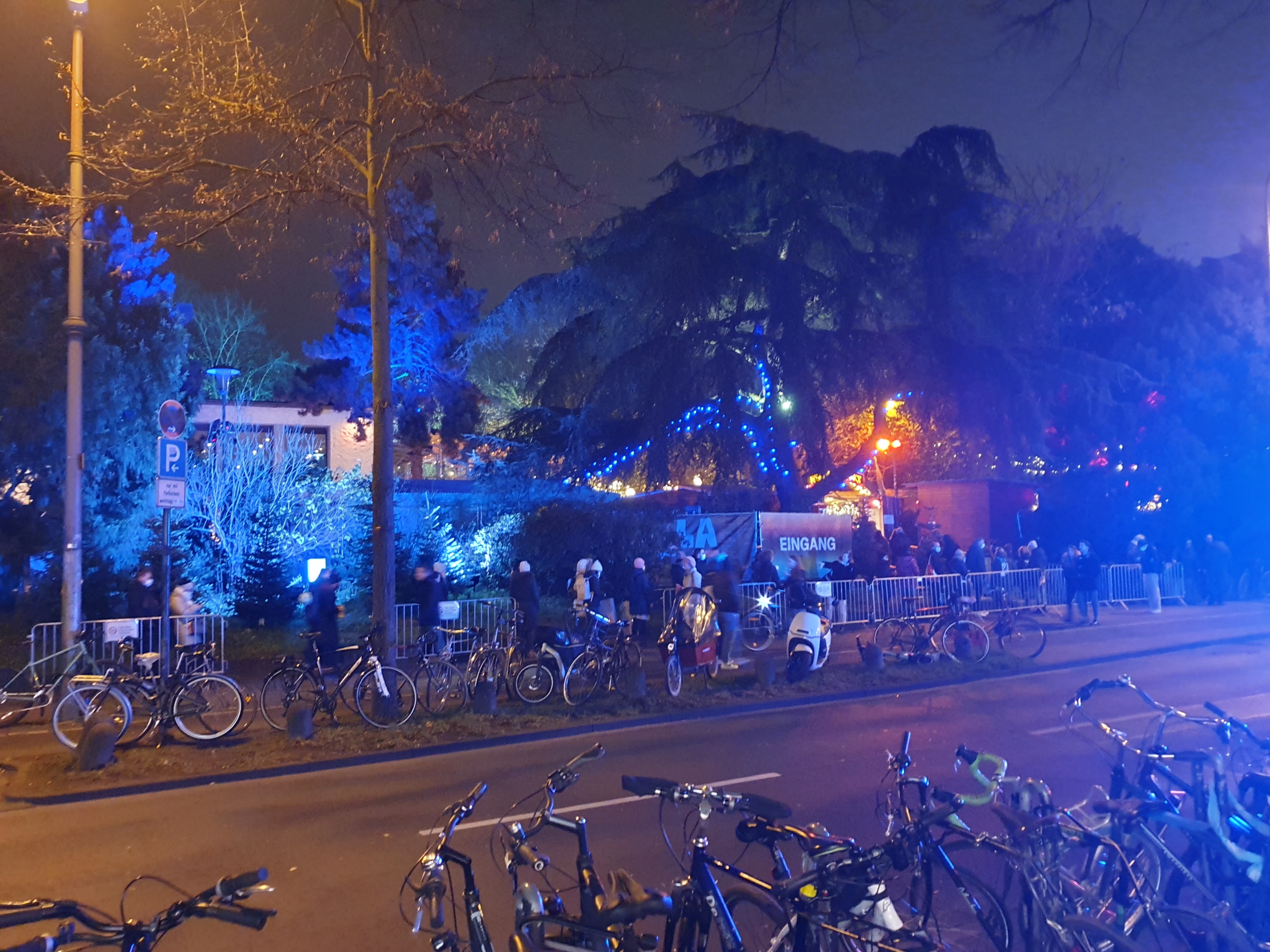 Weihnachtsmarkt am Stadtgarten Köln bei Nacht mit blauer Beleuchtung